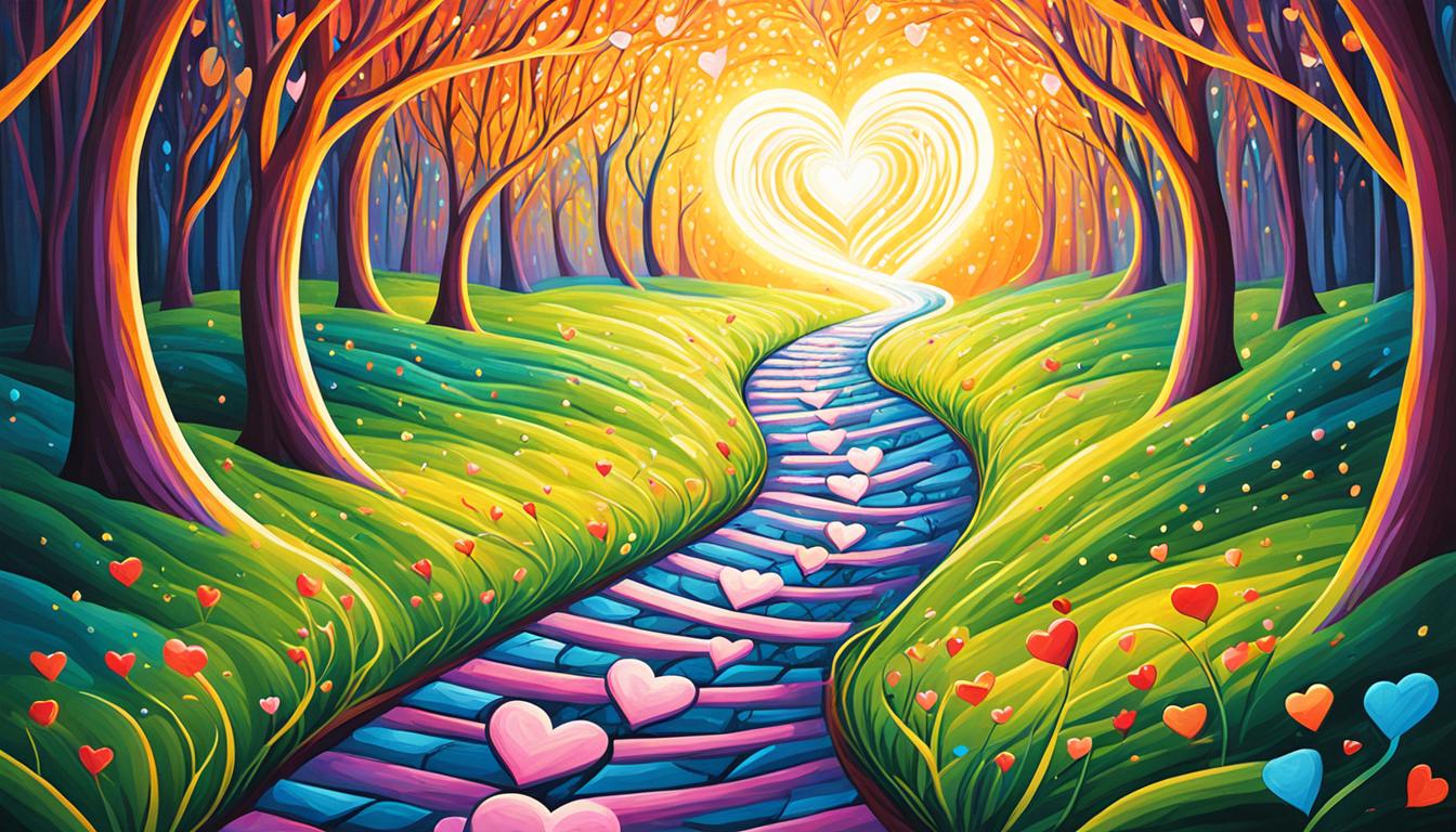 A twisting path leading towards a radiant glow, with heart-shaped symbols scattered along the way.