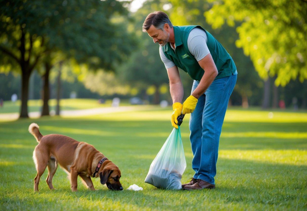 A large dog owner in North Carolina using a biodegradable waste bag to pick up pet waste in a grassy park setting