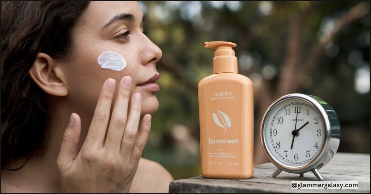 Bottle of sunscreen and analog clock on table, person in background, face, outdoor setting.