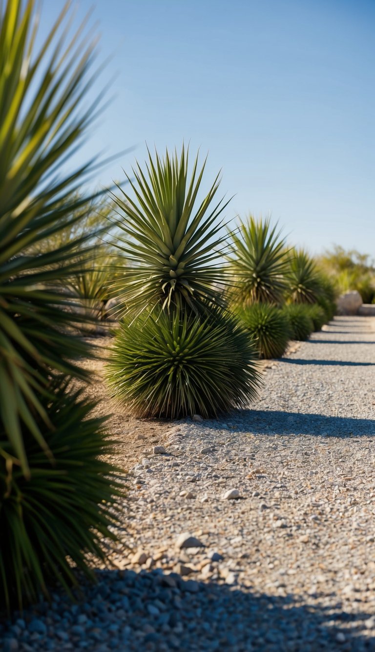 A row of yucca plants line a gravel pathway in a xeriscape front yard. The sun beats down on the arid landscape, highlighting the spiky green foliage