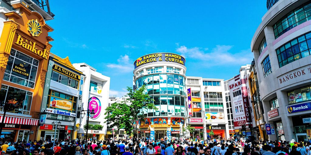 Crowds shopping in a modern Bangkok mall.