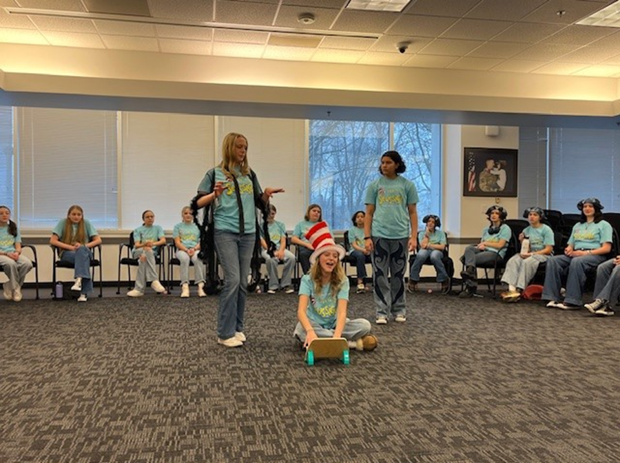 Group of middle school students performing "Seussical" at Gatehouse Administration Center. 