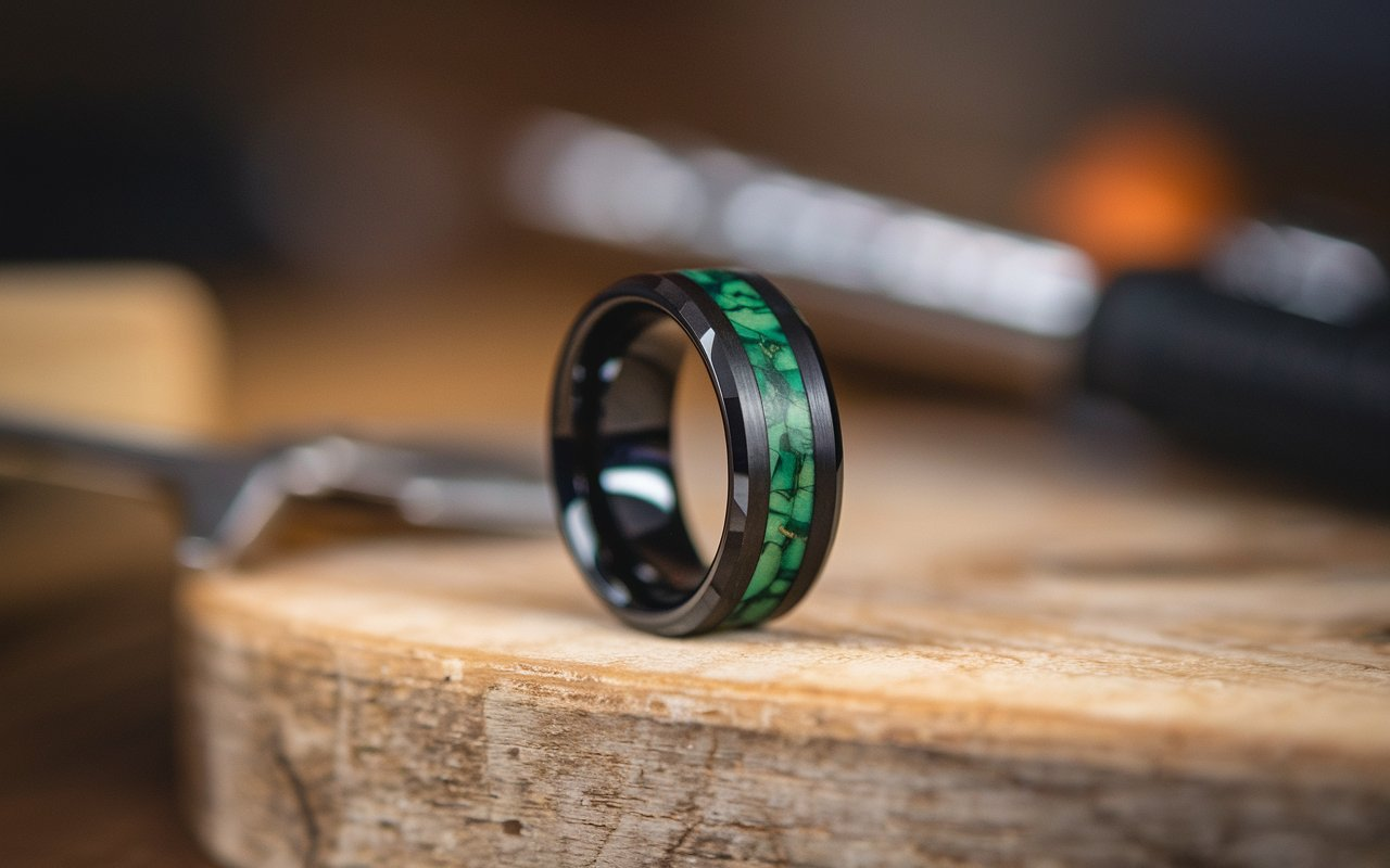 Men's Black Tungsten Carbide Ring Green Maple