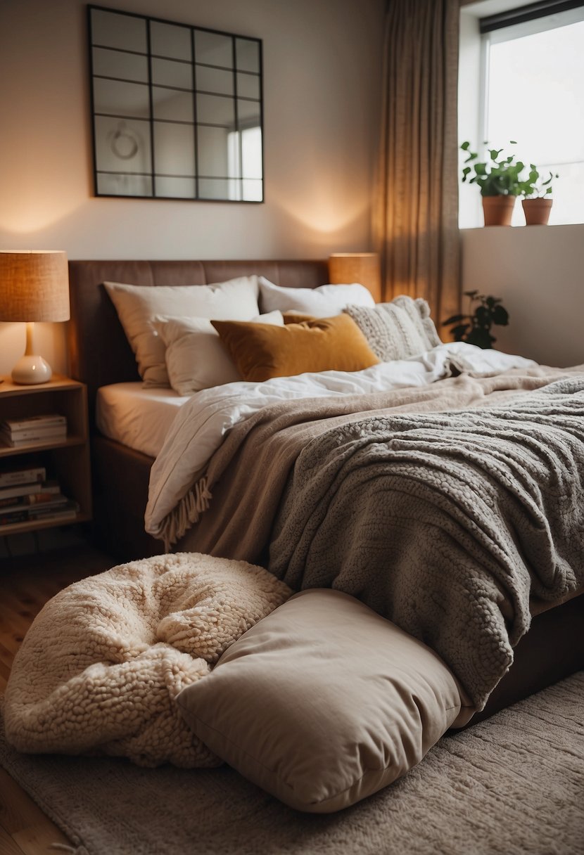 A cozy bedroom with an oversized bean bag chair in the corner, surrounded by soft pillows and a warm throw blanket