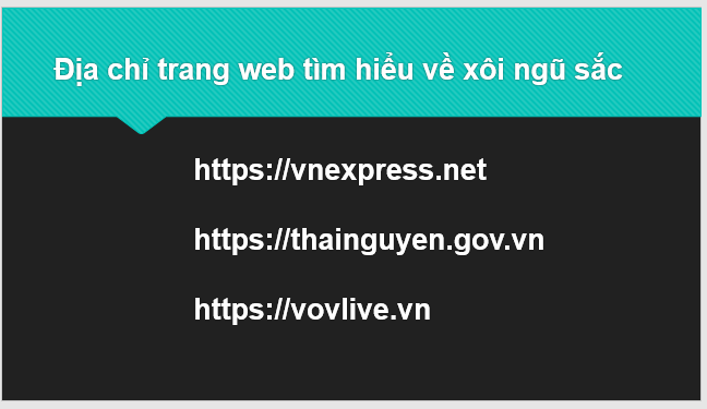 CHỦ ĐỀ E: BÀI 14 - THÊM HIỆU ỨNG CHO TRANG CHIẾUMỞ ĐẦUCâu 1: Làm thế nào để tạo được bài trình chiếu có những phần nội dung xuất hiện tuần tự theo các kiểu xuất hiện khác nhau?Đáp án chuẩn:Ta phải sử dụng các hiệu ứng khác nhau cho bài trình chiếu.2. Tạo hiệu ứng cho các đối tượng trên trang chiếuCâu 1: Em hãy tìm hiểu xem có thể thêm nhiều hiệu ứng cho một đối tượng trên trang chiếu được không?Đáp án chuẩn:Không thểLUYỆN TẬPCâu 1: Em hãy tạo bài trình chiếu giới thiệu một chủ đề về quê hương em, chẳng hạn về danh lam thắng cảnh, danh nhân văn hóa, ngành nghề thủ công, món ăn đặc sản,… Trong bài trình chiếu đó cần sử dụng các hiệu ứng cho các đối tượng trên trang chiếu và hiệu ứng chuyển trang chiếu.Đáp án chuẩn:Các em tham khảo:VẬN DỤNGCâu 1: Hãy bổ sung vào bài trình chiếu ở phần Luyện tập: hình ảnh minh hoạ, địa chỉ những trang web giới thiệu chi tiết về một nội dung trong bài trình bày.TỰ ĐÁNH GIÁ