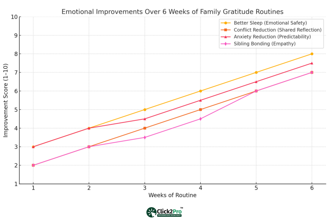 Line graph showing 6-week emotional gains from family gratitude routines for kids’ mental health.