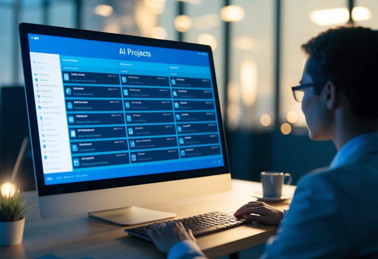 A futuristic computer screen displaying a directory of AI projects, with various project names and details listed