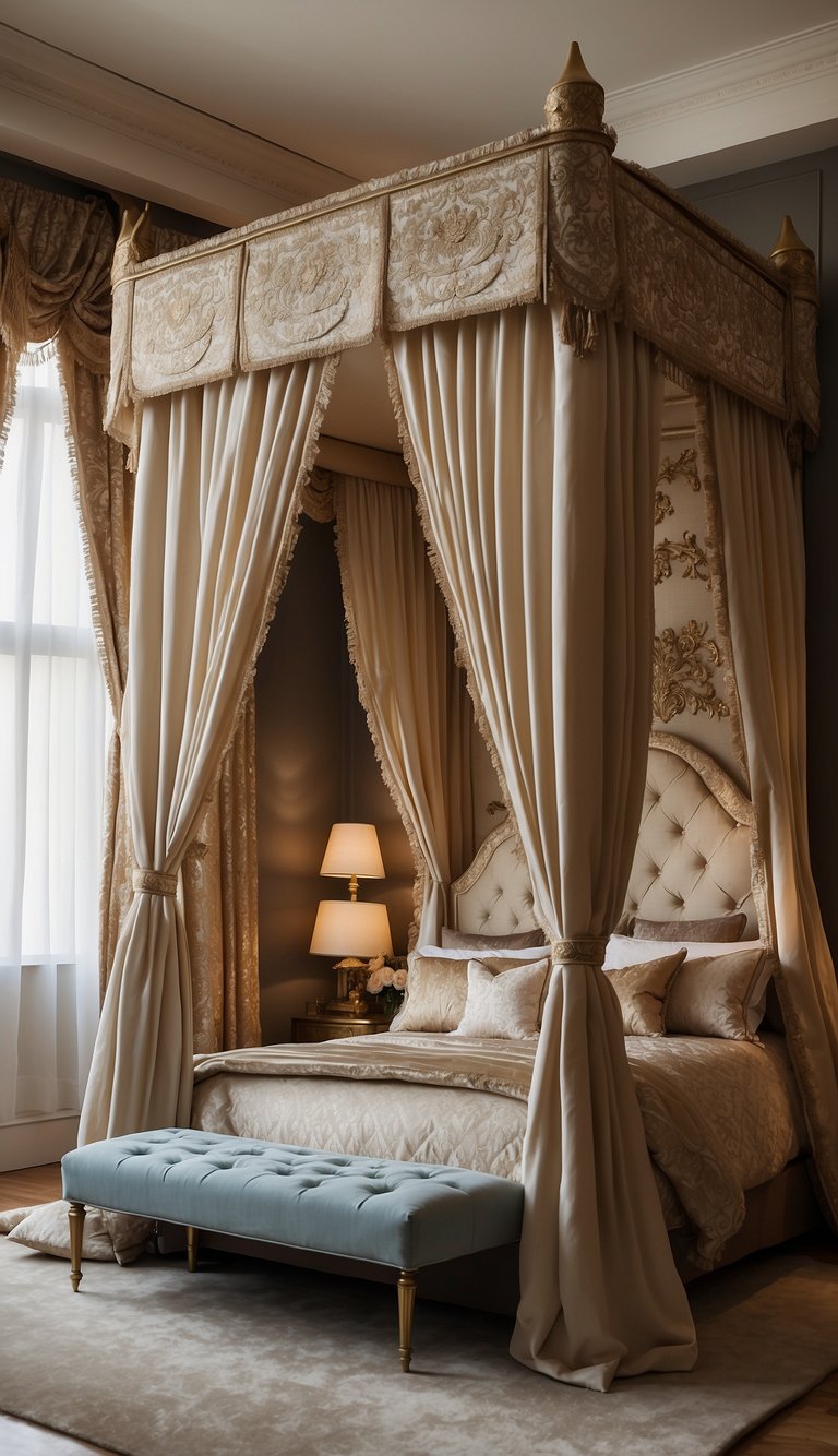 A grand canopy bed sits in a lavish kids' bedroom, adorned with regal fabrics and intricate details. The room exudes luxury and elegance