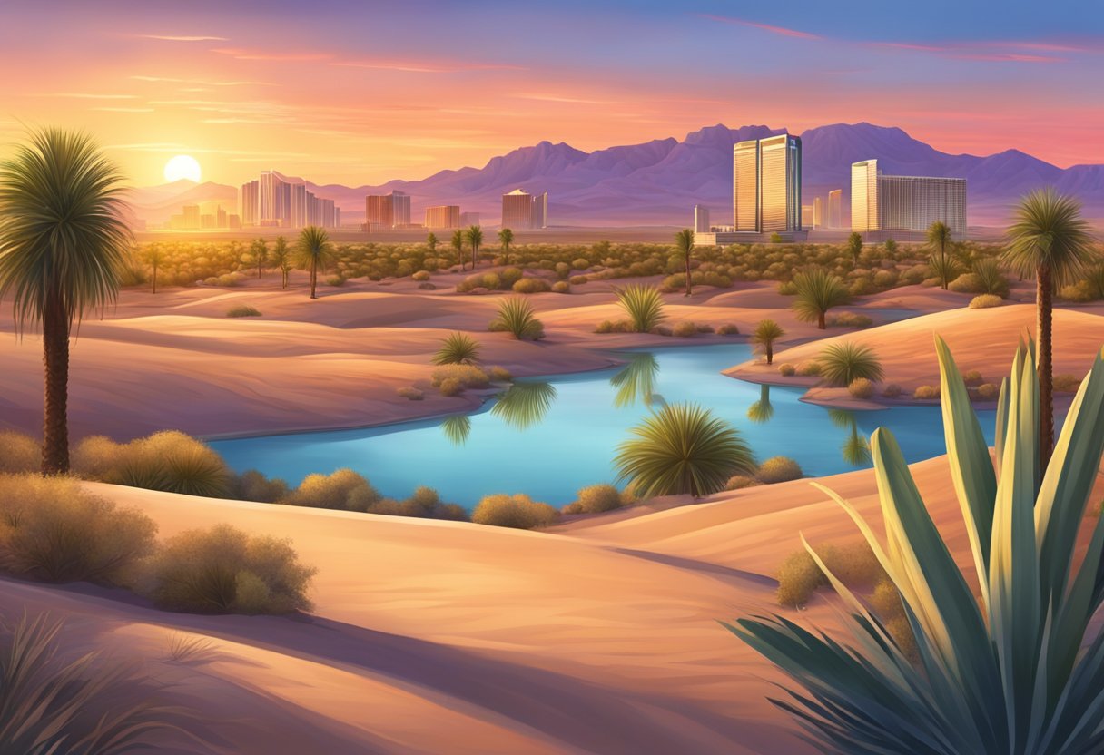 A serene desert landscape with a glowing sunset, a tranquil oasis, and a shimmering skyline of Las Vegas in the background