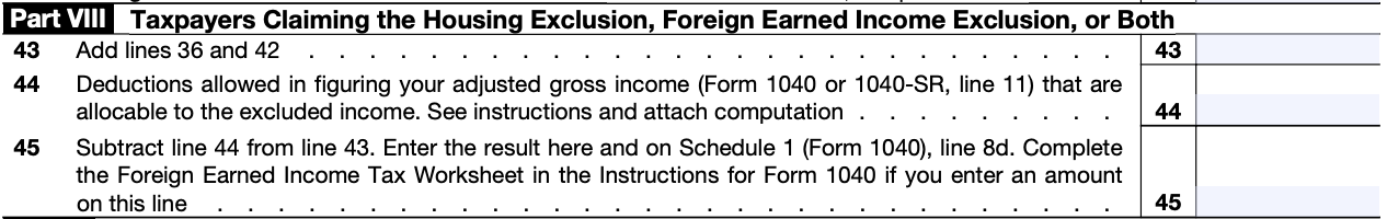 A screenshot of Part VIII: Taxpayers Claiming the Housing Exclusion, Foreign Earned Income Exclusion, or Both on Form 2555.