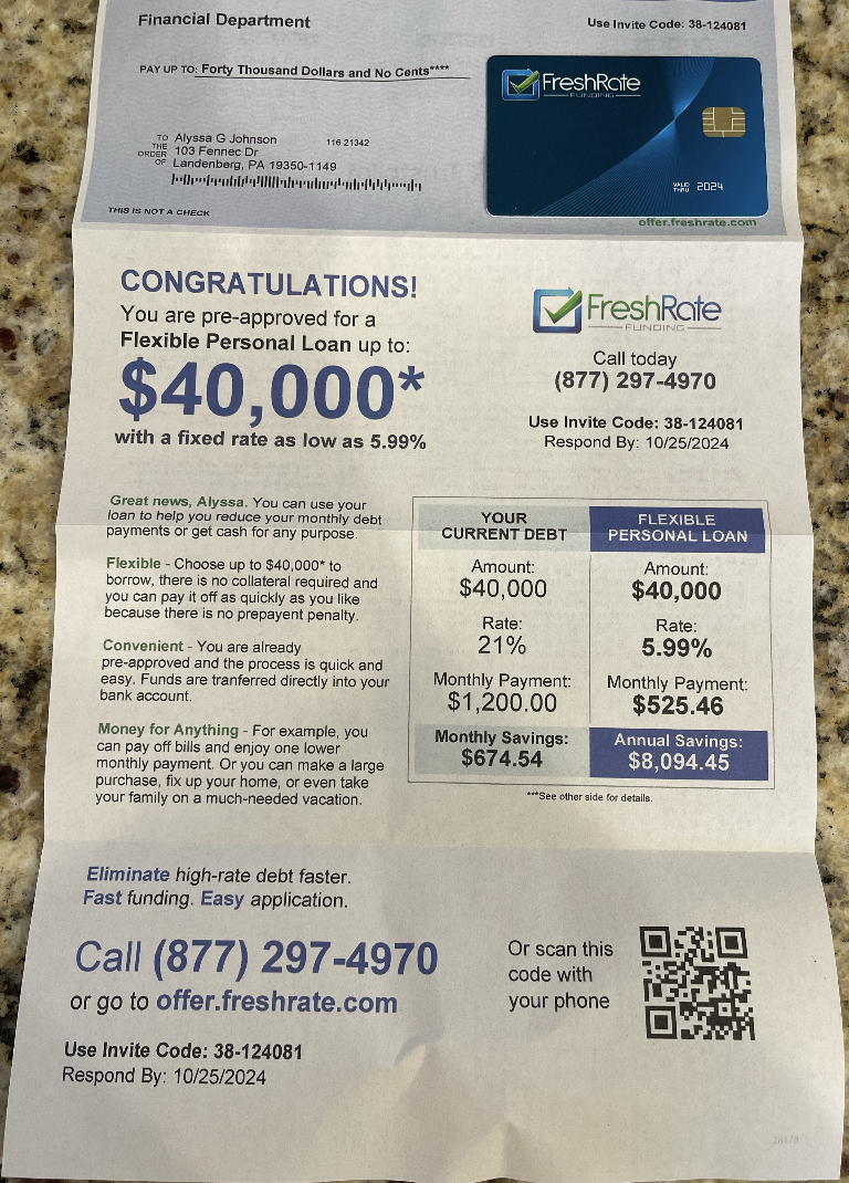 Picture of the FreshRate Funding debt consolidation loan mailer.