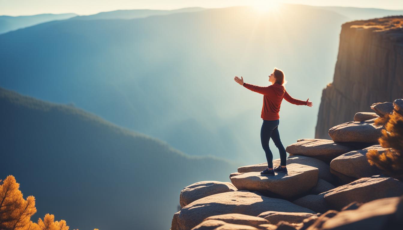 An image of a person standing confidently at the edge of a cliff, looking out at a vast and beautiful landscape ahead. Their arms are outstretched, as if they're ready to embrace all the possibilities that lie before them. The sun is shining brightly overhead, casting a warm glow on everything around them. In the foreground, there are a few small rocks that have been kicked up by their feet, symbolizing the small steps that lead to bigger things.