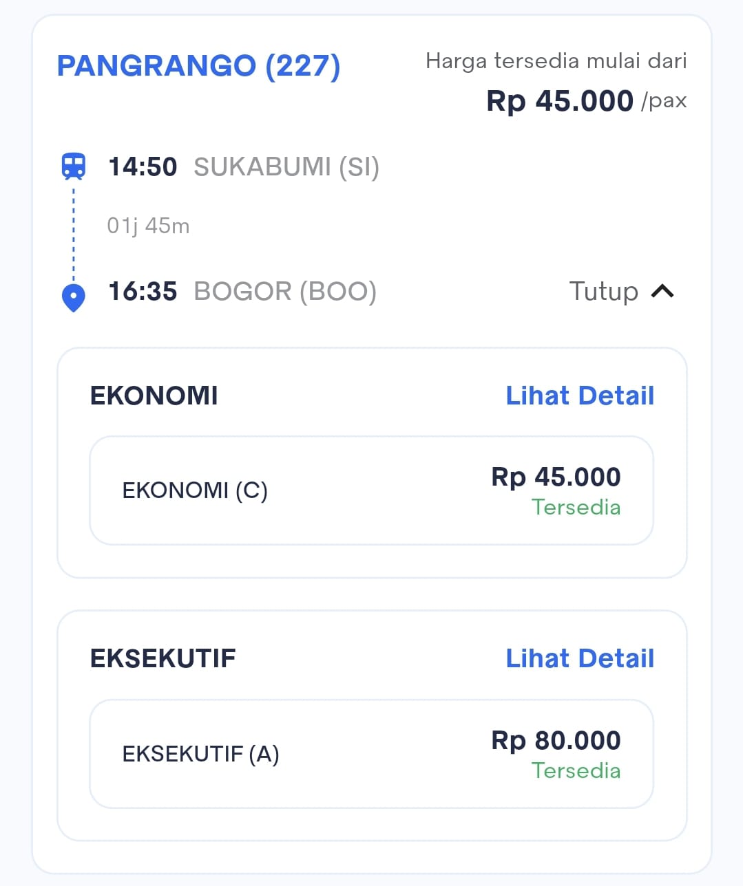 Harga Tiket KA Pangrango (227) Sukabumi (SI) — Bogor (BOO)