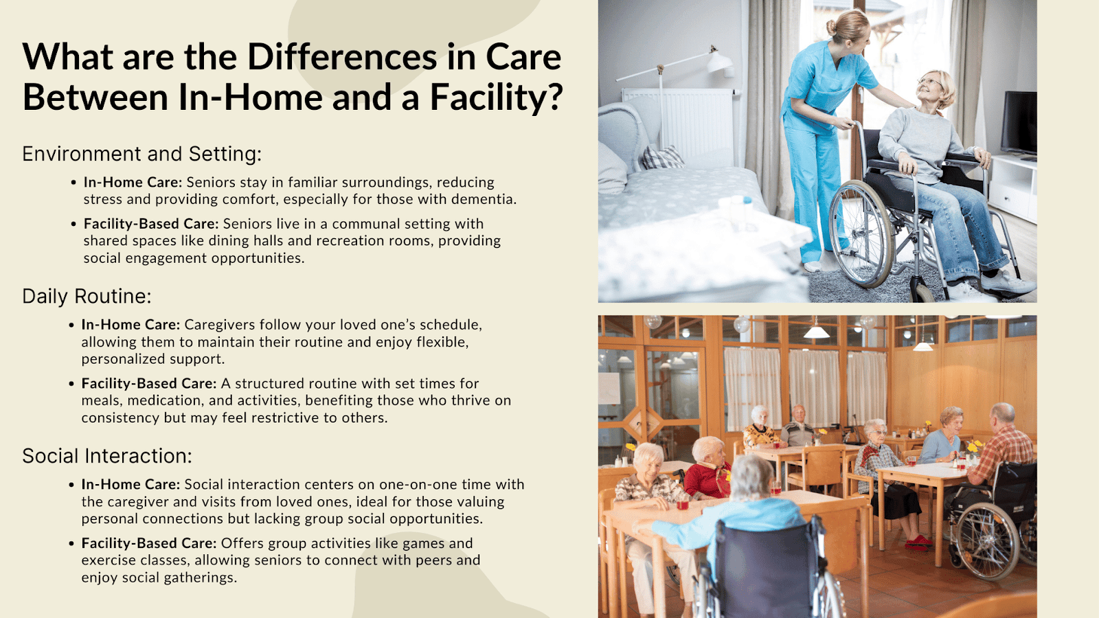 This infographic details the differences in care between in-home care and a facility