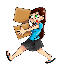 [Image is of a person with long brown hair, pale skin, flip flops, a blue shirt, and a black skirt carrying two boxes. The boxes look like they might fall and the person is nervously sticking their tongue out.]