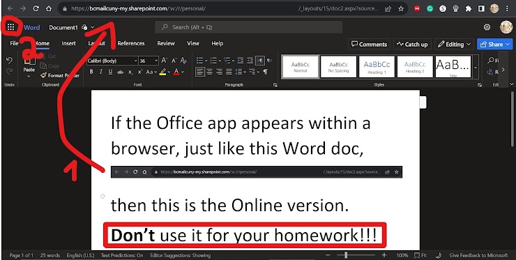 A Word document open within Online Office 365 version. The text in the Word document says, "If the Office app appears within a browser, just like this Word doc, then this is the Online version. Don't use it for your homework!"