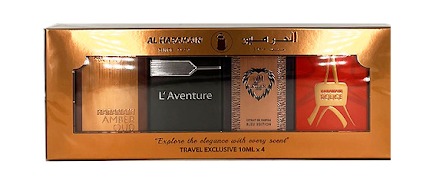 ESTUCHE MINIS AL HARAMAIN UNISEX 4PZS 10ML AMBER OUD + ADVENTURE + AZLAN + AL HARAMAIN ROUGE