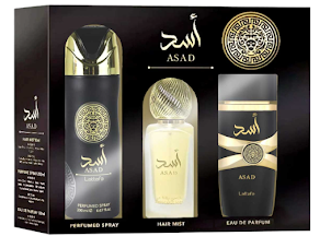 ESTUCHE LATTAFA ASAD PARA HOMBRES 3PZS 100ML EDP + SPLASH + SPLASH DE CABELLO