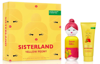 ESTUCHE BENETTON SISTERLAND YELLOW PEONY PARA MUJERES 2PZS 80ML EDT + CREMA