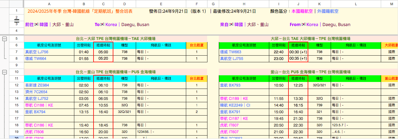 24/25年冬季 台灣-韓國航線「定期航班」整合班表