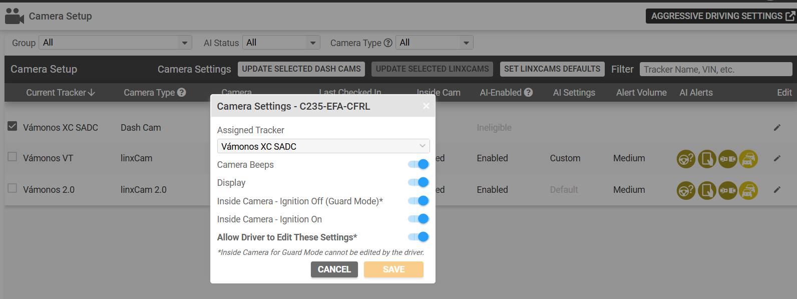 Updating Dash Cam settings on Camera Setup