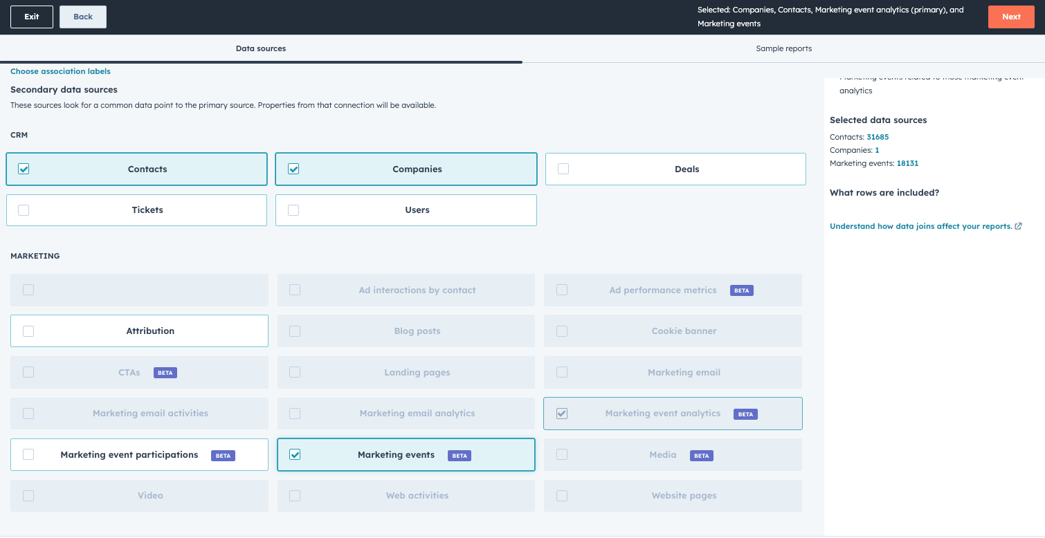 You can now include marketing events data in your custom reports, enabling more detailed analysis of event performance and engagement.