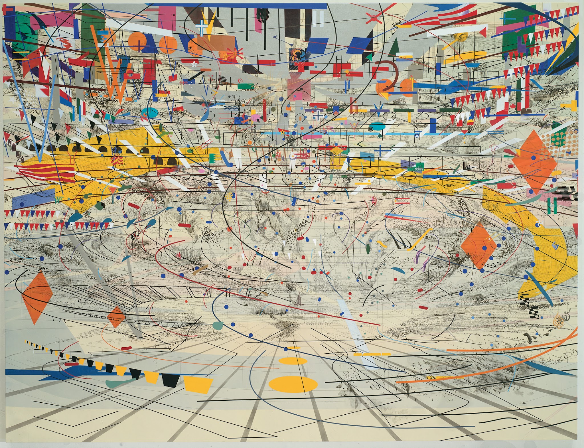 Painting. 3-D, circular grid in grays, with multicolored shapes and swirling lines moving the eye upward into more color.
The swirling lines and circular grid, speckled with colorful dots, create a sense of frenetic movement, as if traveling upwards through a wide funnel. As the eye moves up toward the top of this massive canvas, the colorful shapes become more dense and take on the aspect of multiple different flags. The "flags" suggest various nationalities without actually copying the flags of those countries. For example, there are several, wavy shapes with red and white stripes and a flash of blue, without being American flags. Similarly, A red, white, and green rectangle shape is not exactly the Hungarian flag, due to an extra splotch of red at the end of the green stripe. All the colors include solid planes of oranges, yellows, blues, greens, reds, white, and black, in a bright and festive arrangement.
