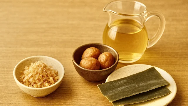 かつお節と真昆布の合わせ出汁に梅干しを加える