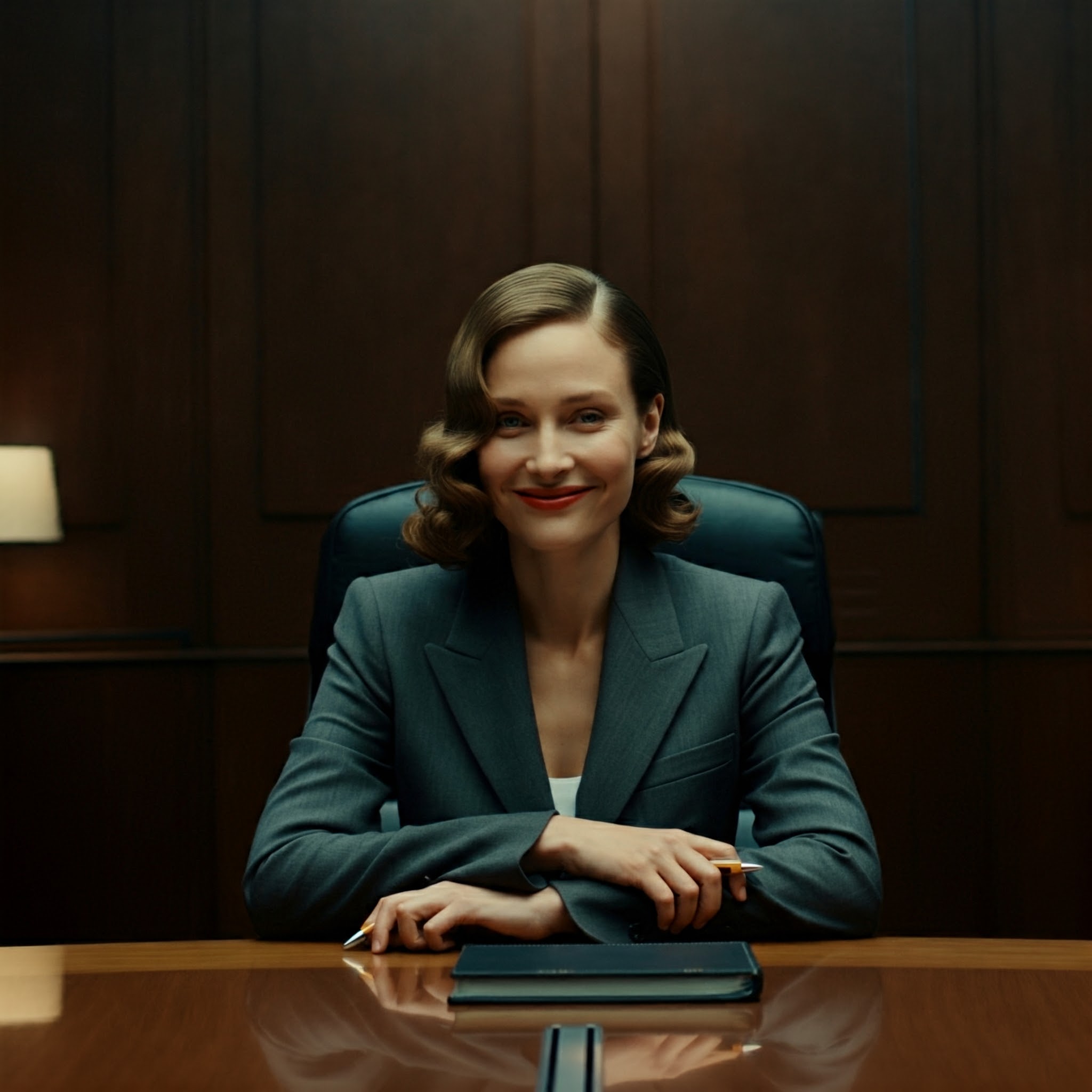 Woman seated at the head of a boardroom table.