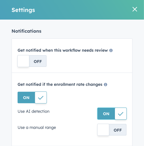 HubSpot now uses AI to automatically detect unusual changes in workflow enrollment rates, allowing you to receive notifications when these rates fluctuate for specific workflows. 