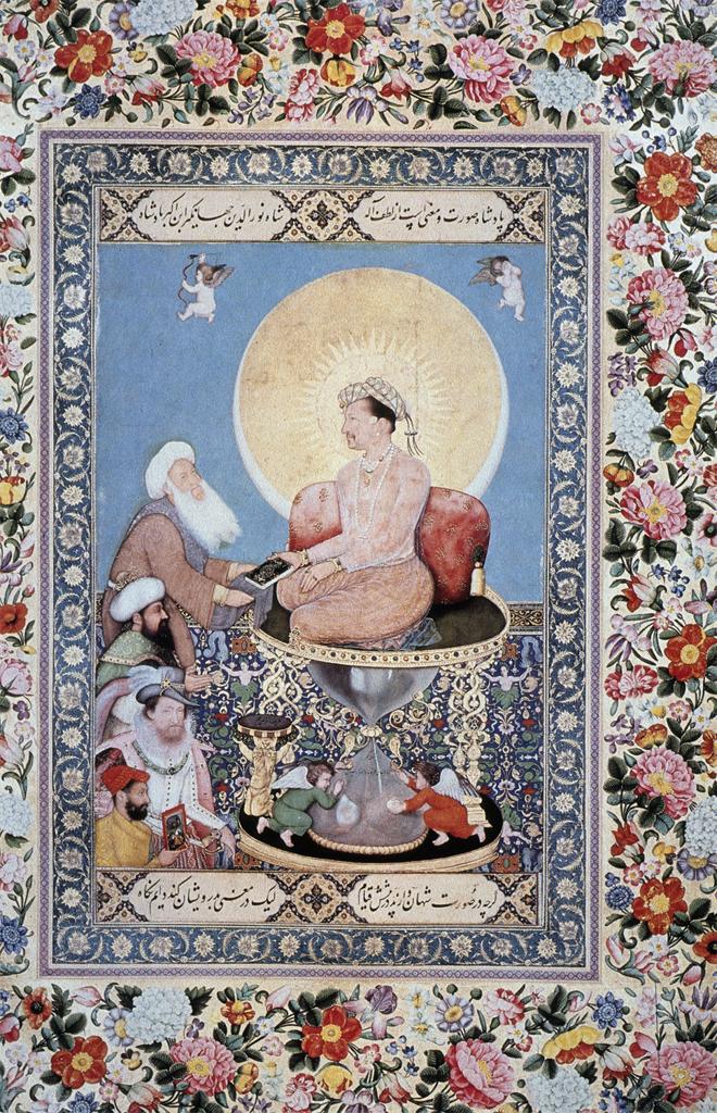 Painting. Man seated on an hourglass holds one side of a book a bearded man holds the other. Three more men are below.
The scene is painted in watercolor and gold on paper. Four of the five men have medium skin, and the fifth has light skin. The man on the hourglass is the largest, and he wears a white head covering over dark hair. He wears pale pink clothing as he kneels against a red cushion. His head is surrounded by a sun-like halo in front of a larger gold disk lined with a sliver of a crescent moon along the bottom. Sand falls within the hourglass below. Two small winged, child-like people crouch on either side of the lower bulb. The bearded man is to our left, his hands raised to also hold the book. His beard is long and white, and he wears a white turban and a muted pink robe. The three men below are seen from about the chest up, and are stacked along the left edge. The topmost man there has a white turban, a long dark beard, and he wears a frosty green robe. The man in the middle has light skin and has a reddish-brown beard. He wears a lacy collar and a tightly fitting white jacket. The third man wears a red head covering, a harvest-yellow garment, and he holds up a small picture in a red frame. The background behind the scene is pale blue above and below is a densely patterned floor, perhaps a carpet. The scene is framed with patterned floral borders. Arabic writing is in oval cartouches at the top and bottom.
