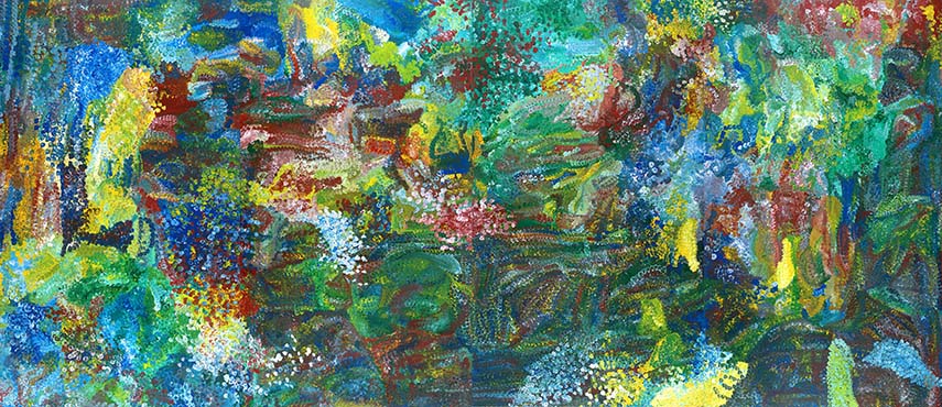 Painting. A canvas, over twice as wide as it is tall, with blobs and dots of bright color blending into each other.
This massive canvas is completely covered in bright colors, green being the dominant hue throughout. The shapes bleed into each other and are multi-layered in washes that build up to create a combination of opaque and translucent patches. The translucent parts almost seem to glow. Layered over the largest patches of color are clusters of dots, also in various colors and levels of opacity. 
