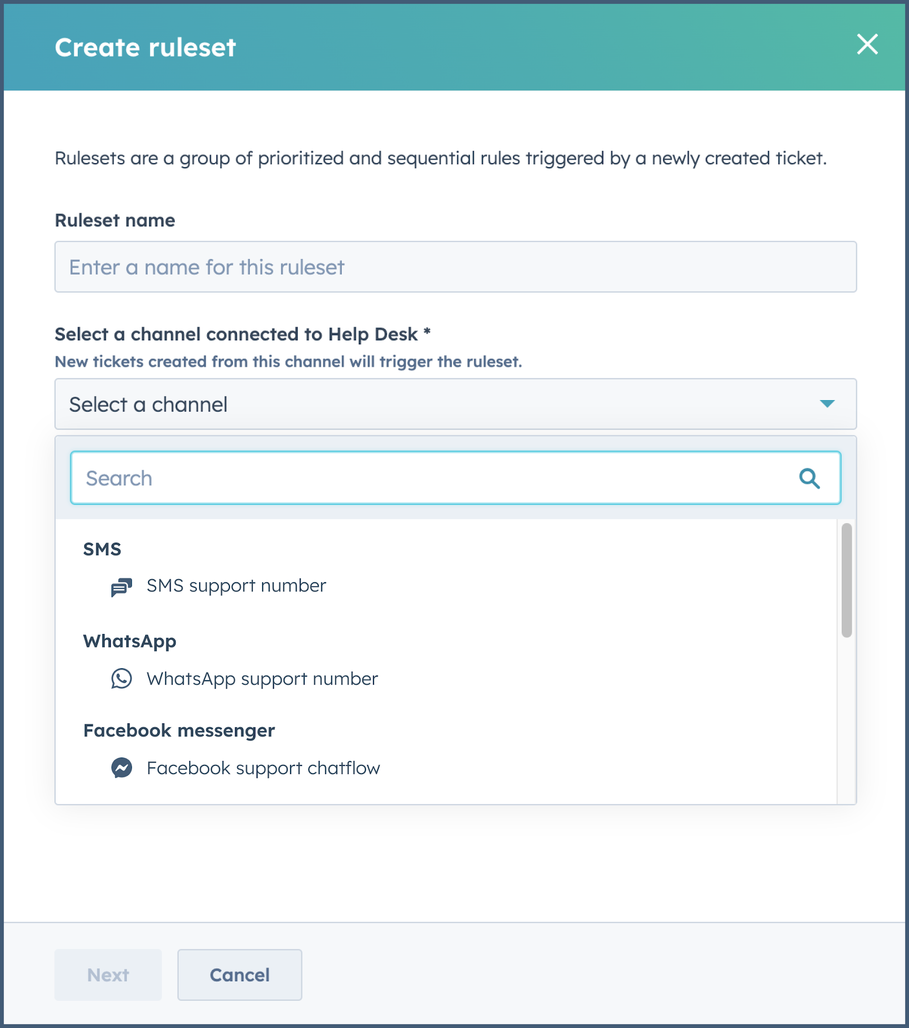 The new skill-based rulesets allow Help Desk Admins to efficiently route tickets across all connected messaging channels.