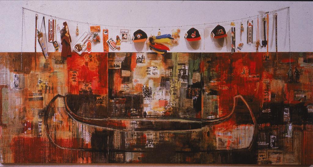 Mixed Media. Washes of paint layer over a collage of newspaper clippings. Above, everyday objects hang from a line.
The under layer of collage is dominated by newspaper clippings, ranging from ordinary to iconic, recognizable images. Interspersed with these clippings are swatches of patterns on various materials, including a repeating pattern of red and white checkers, sometimes known as "gingham." Oil paint, in reds, greens, blacks, and golds, is layered over this detailed collage in washes of varying opacity, some flat, some running down in drips. The outline of a large canoe is painted over the top of this layer with a rather flat appearance, with some darker shades inside the canoe suggesting a slight three-dimensionality. A clothesline is strung above the painted surface, from which objects dangle on hooks. These objects include: three baseball caps, three bumper stickers, and a keychain, bearing logos from American sports teams that utilize Native American imagery; a cheap, toy imitation of a war bonnet with bright red, yellow, and blue feathers; a pouch of "Red Man" chewing tobacco; a pair of child-sized moccasins in plastic packaging; and a cheap plastic doll. The objects hanging from the clothesline are subtly echoed in the imagery from the newspaper clippings in the painted section.


