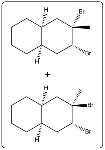 Reaction diagram showing the addition of Br2 to a compound, illustrating halogenation products.