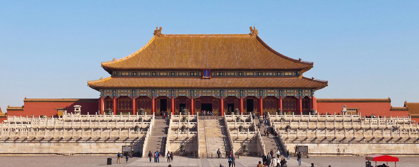 Forbidden City with stairs leading to the entrance<br /><br />Description automatically generated