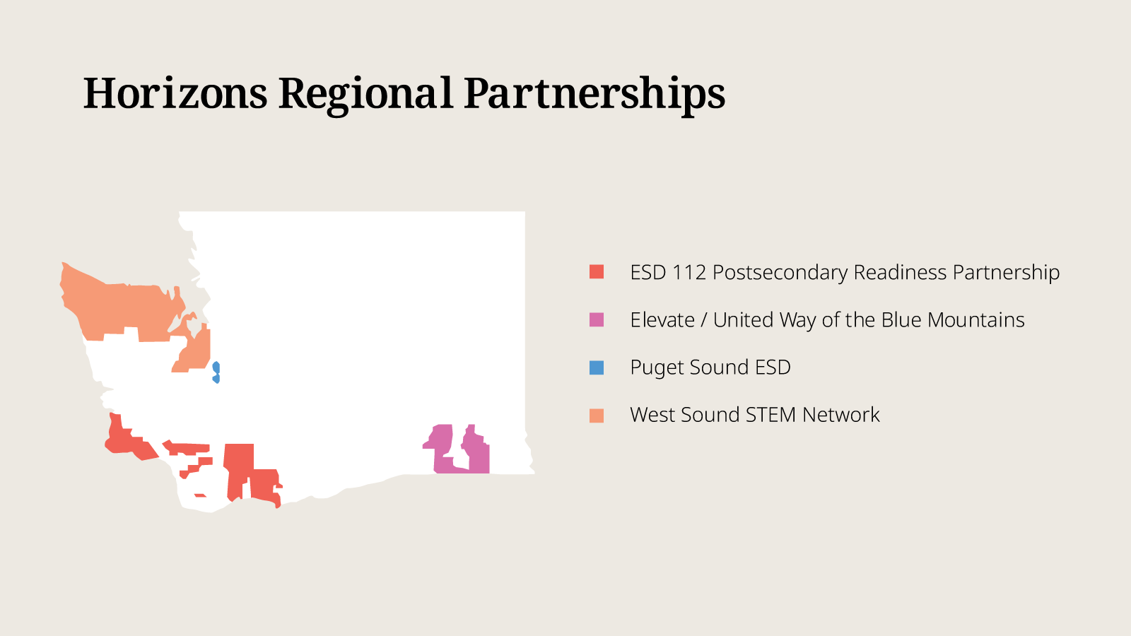 Washington state map outlining the four regions Horizons is partnering with. 
