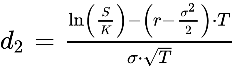 d_2={ln(S/K)-(r-sigma^2/2)*T}/{sigma*sqrt(T)}