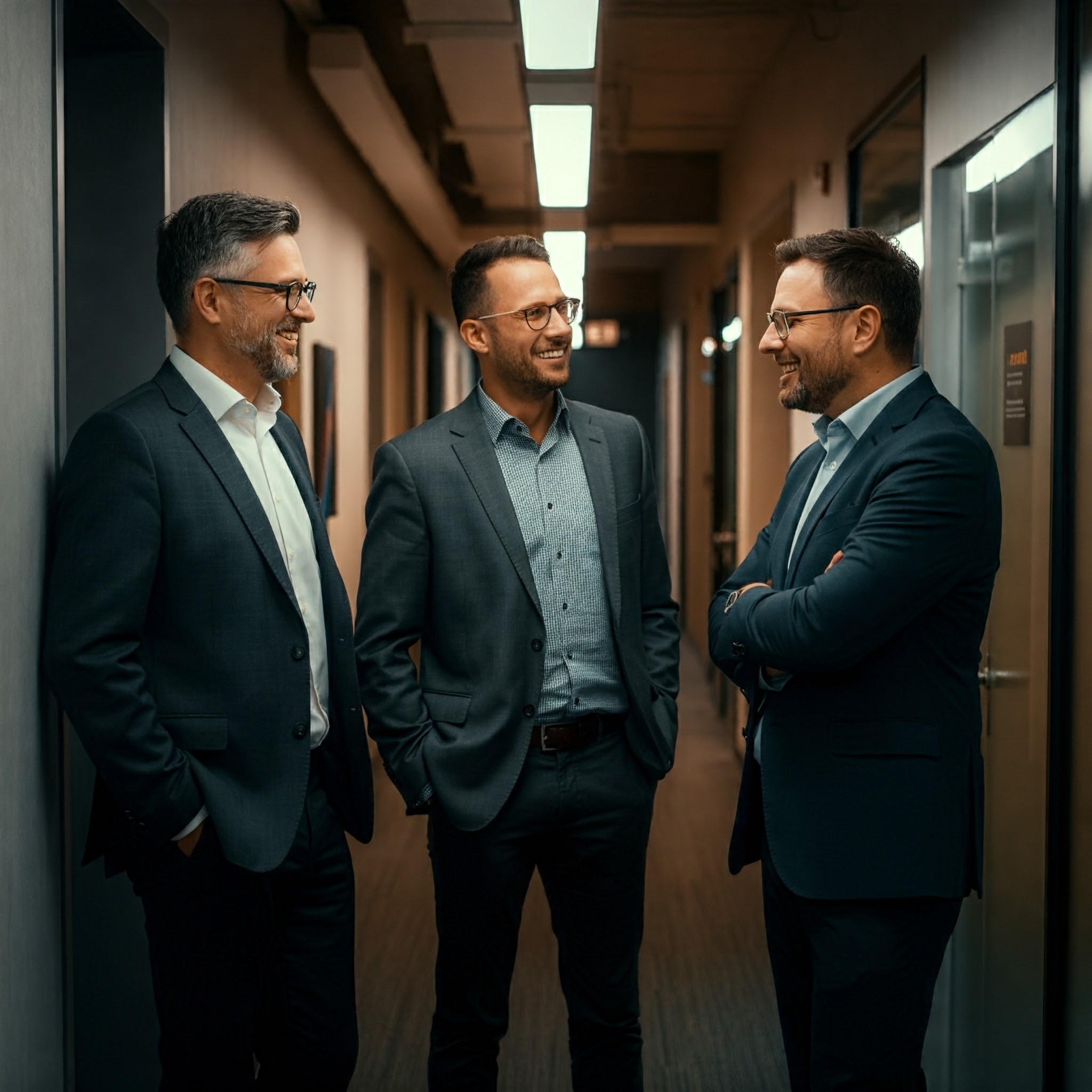 Photo of three executives having a conversation in an office hallway.