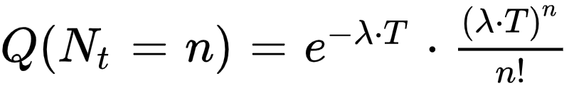 Q(N_t=n)=e^{-lambda*T}*(lambda*T)^n/{n!}