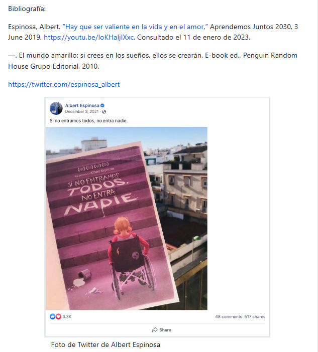 In Spanish, a bibliography of resources with links, and a screenshot of an Instagram post with a person in a wheelchair.