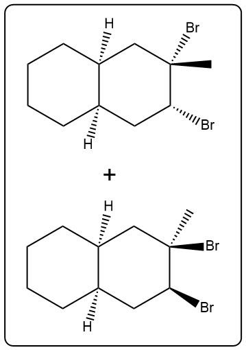 Reaction diagram showing the addition of Br2 to a compound, illustrating halogenation products.