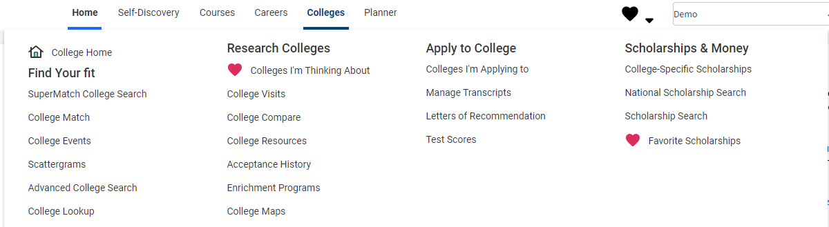 Screengrab of the Naviance Colleges dropdown menu option