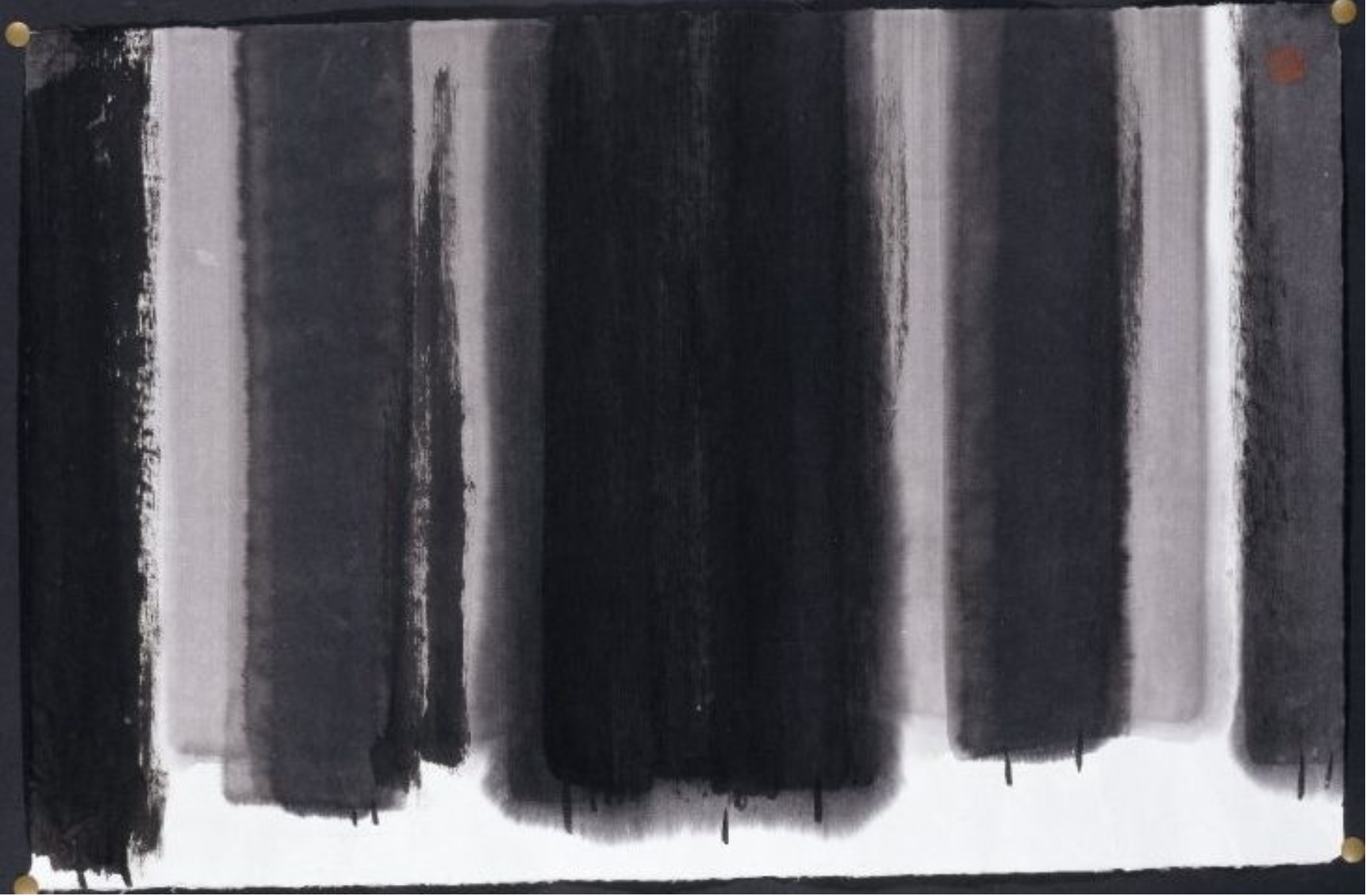 Painting. Ink on paper, containing subtle variations of darker and lighter grays in thick, abstracted, vertical lines.
This ink painting on paper is a large, horizontally-oriented rectangle, containing abstract, vertical shapes ranging from light grey to almost black. The thick lines overlap each other, with the lines closest to the foreground representing the darkest shades, and the lines in the background the lightest shades. This gives the appearance of the shapes receding into the distance. The bottoms of the lines begin at various distances in space from the bottom of the frame, all continuing upwards as if they extend well beyond the top of the frame.

