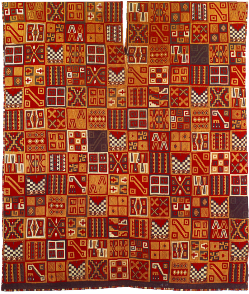 Textile. A square-shaped, woven piece made up of rows of smaller squares, in rich reds, oranges, browns, and white.
This fabric contains a total of one hundred and fifty-six squares, in rows of twelve across and thirteen down. There is a split at the top, halfway between two rows of squares, evenly dividing the rows into six squares on each side. The dominant colors in this textile are red, orange, and brown, with white accents. Each square contains geometric patterns, and as the eye travels from square to square, it is noticeable that patterns are occasionally repeated.

