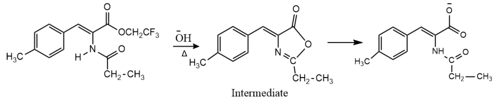 Chemical reaction diagram showing ester hydrolysis and intermediate formation in saponification.