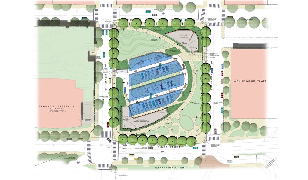 Architecture plan showing details of the park, amenities, roads, trees and buildings.