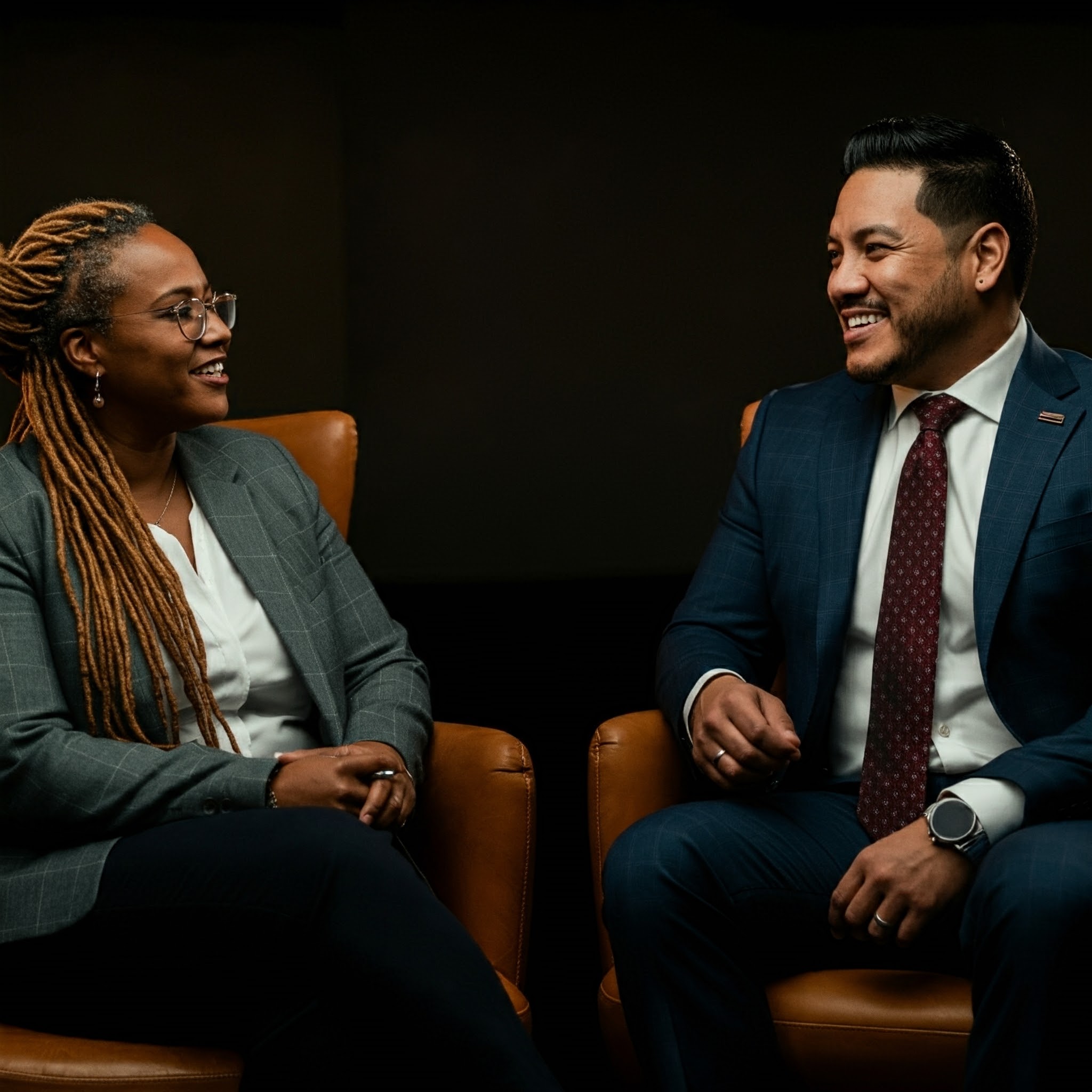 Photo of two executives seated having a pleasant conversation.