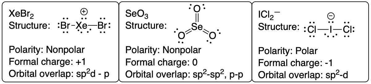 Lewis structures of XeBr2, SeO3, ICl2- showing nonpolar and polar characteristics.