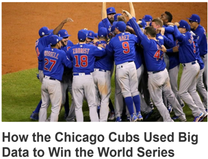 Chicago Cubs celebrating a Wold Series Win with the Headline: How the Chicago Cubs Used Big Data to Win the World Series